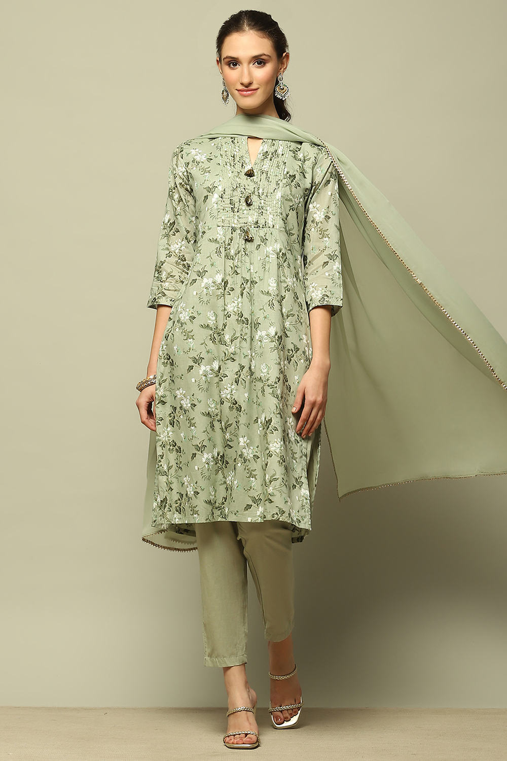 Sage Green Cotton Straight Printed Kurta Pants Suit Set image number 6