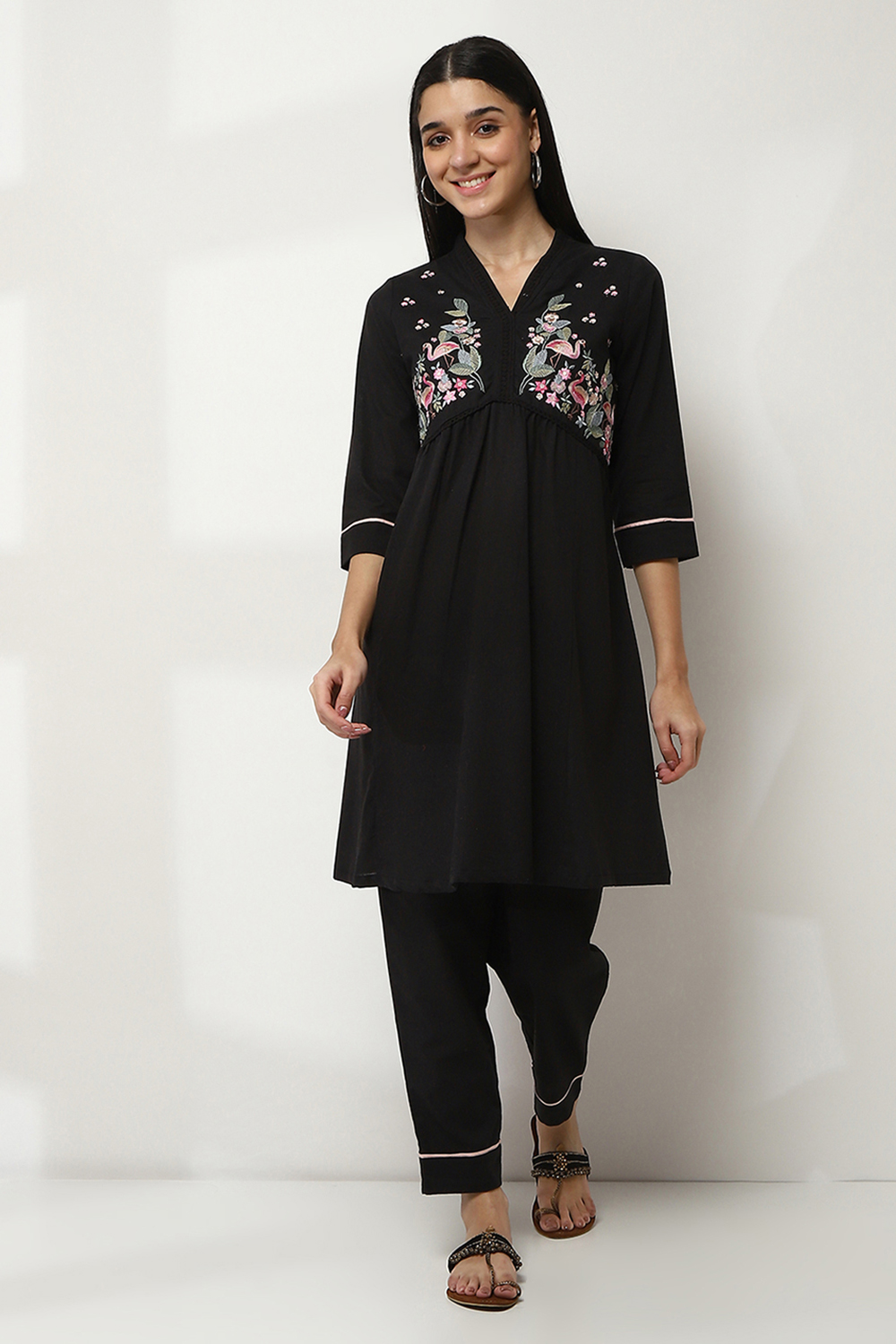 Black Cotton Gathered Kurta Set image number 6