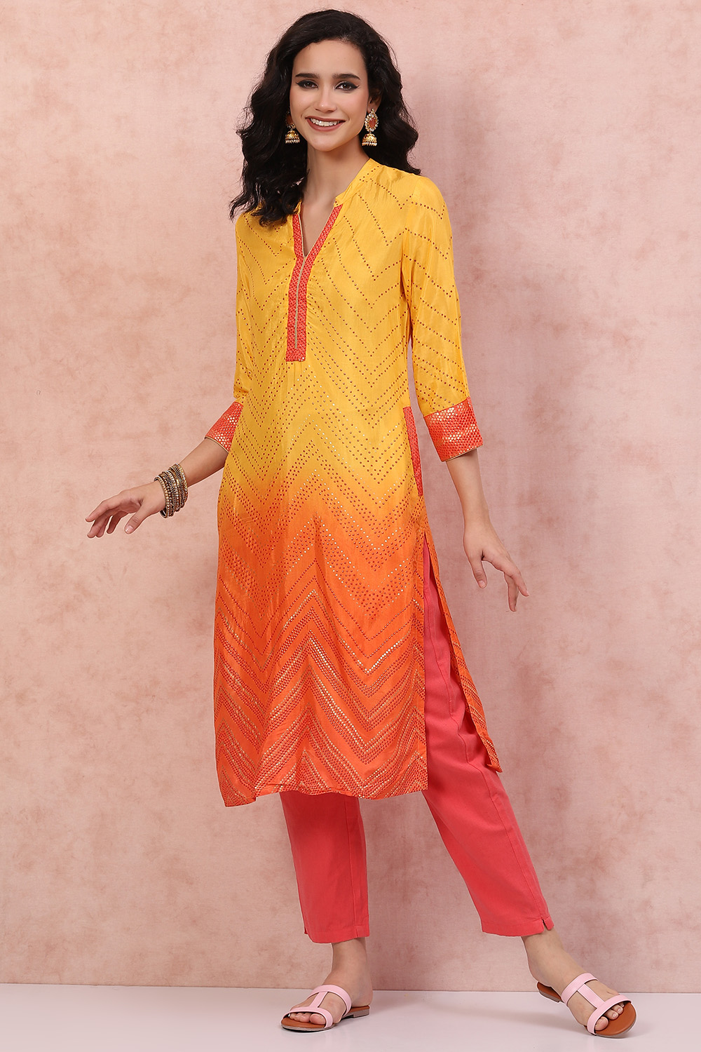 Mustard LIVA Straight Ombre Kurta image number 0