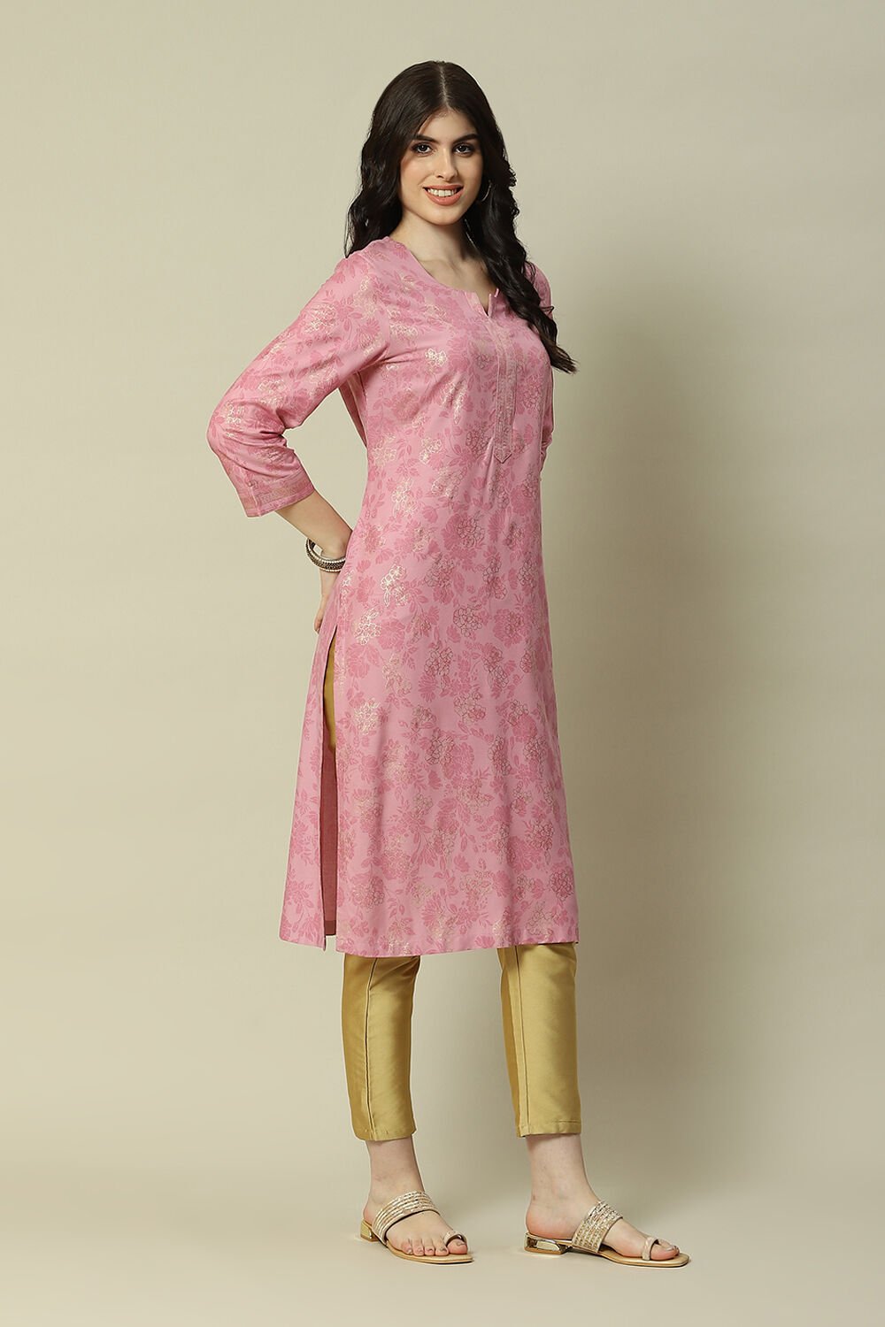 Pink Rayon Printed Straight Kurta image number 3