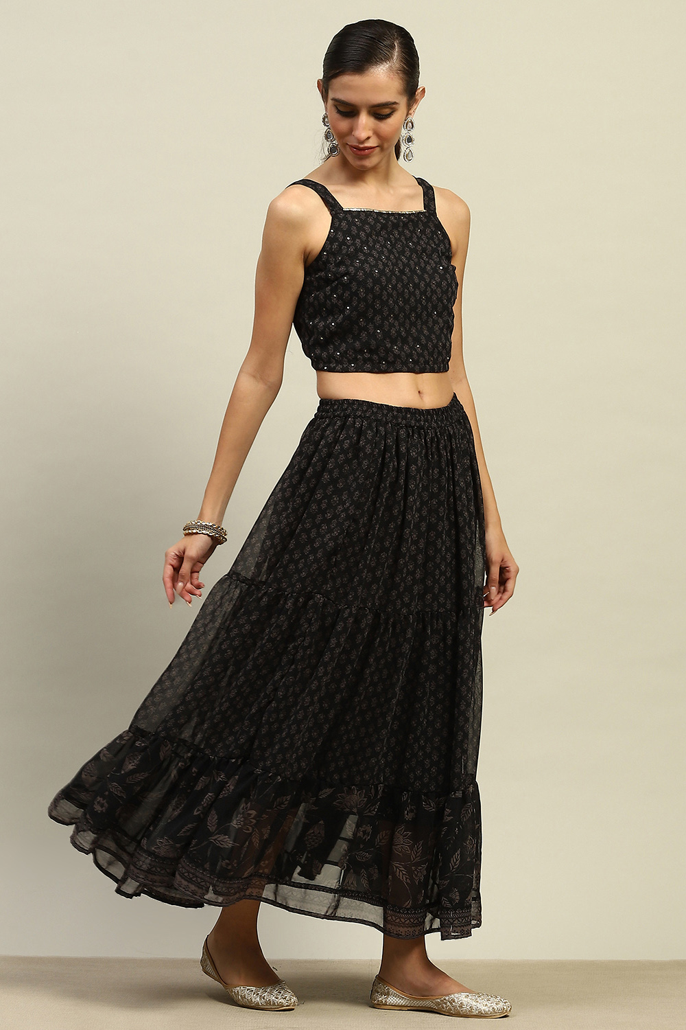 Black Poly Georgette A-Line Printed Top Lehanga Lehenga image number 5