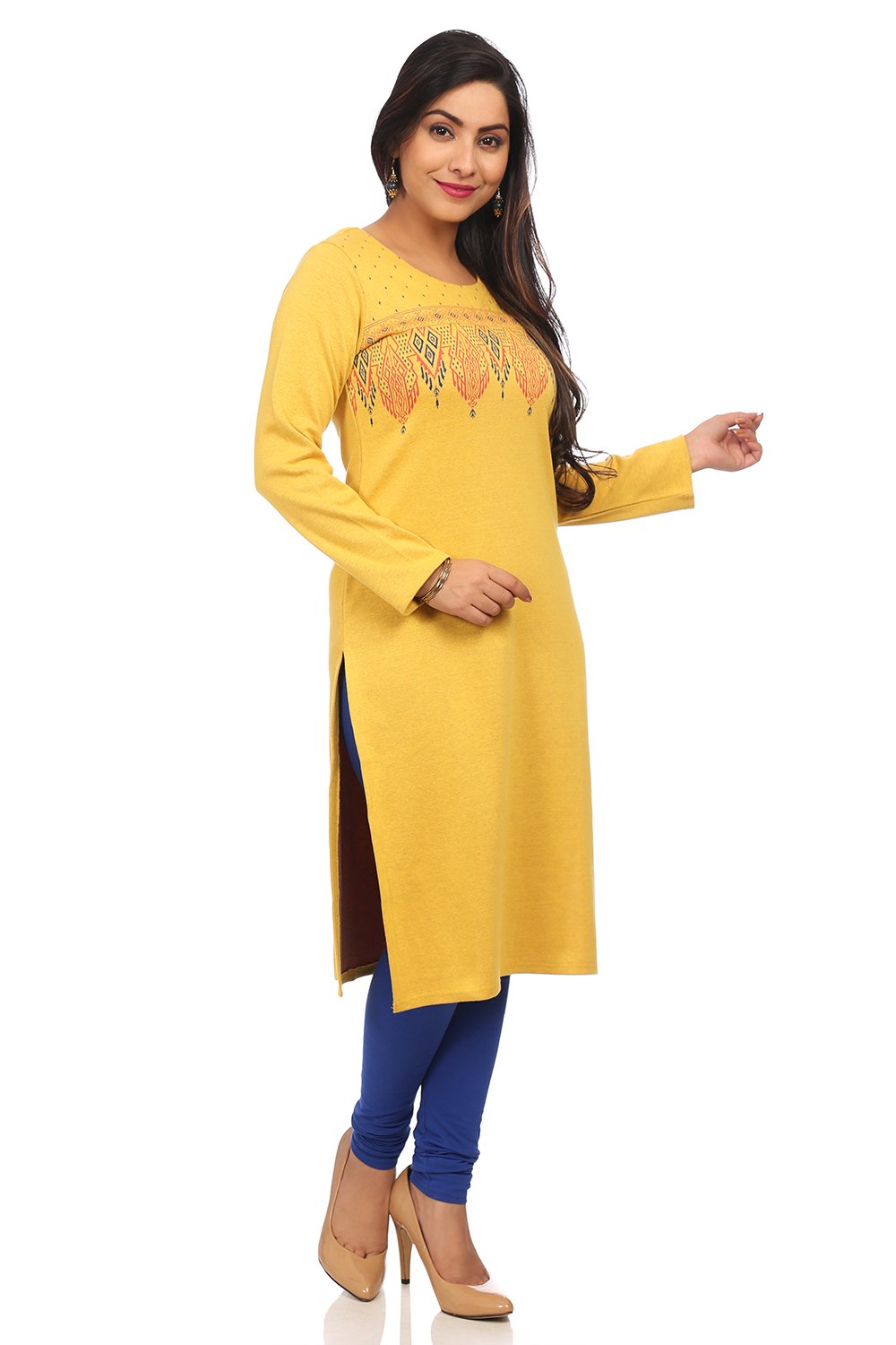 Mustard Poly Cotton Straight Kurta image number 3