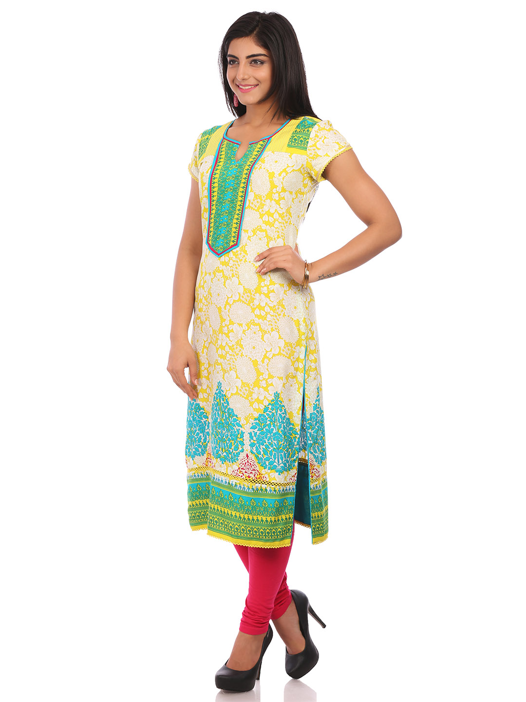 Yellow Cotton Straight Kurta image number 3