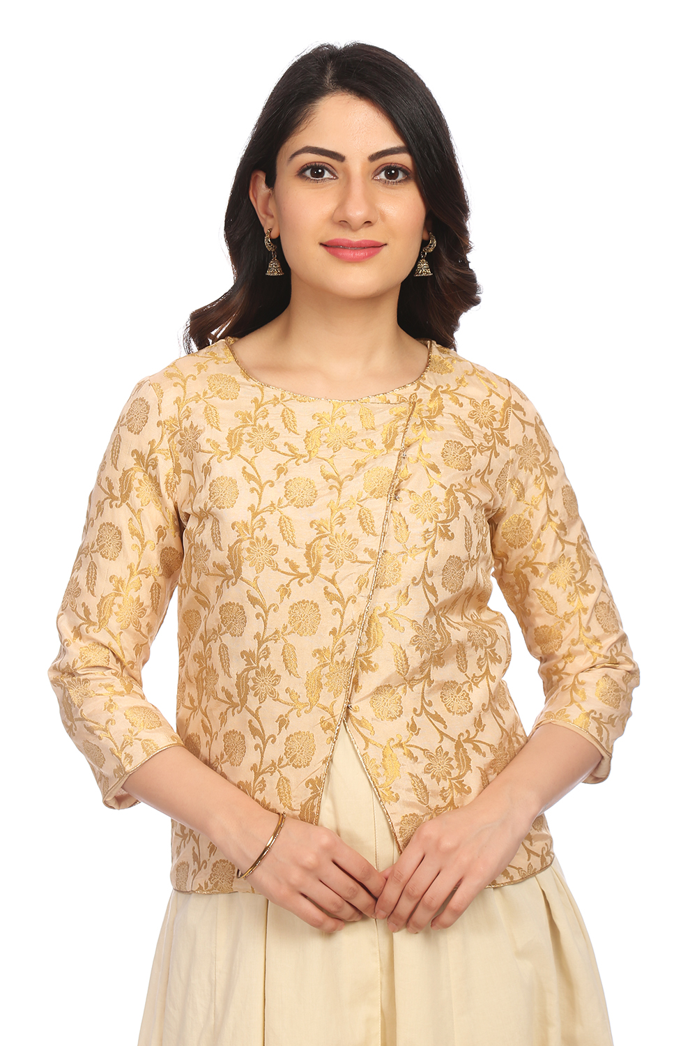 Beige Front Open Poly Cotton Indie Top image number 0
