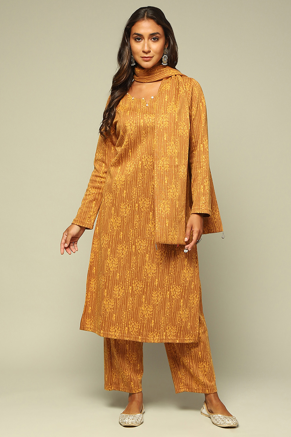 Mustard Circular Jacquard Straight Printed Kurta Palazzo Suit Set image number 0