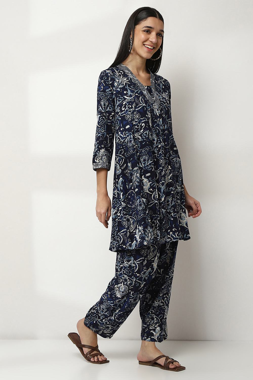 Navy Viscose Rayon Kalidar SET image number 5