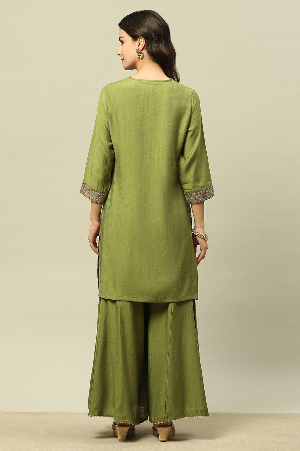 Golden-Olive Viscose Blend Straight Embroidered Kurta Sharara Suit Set image number 4