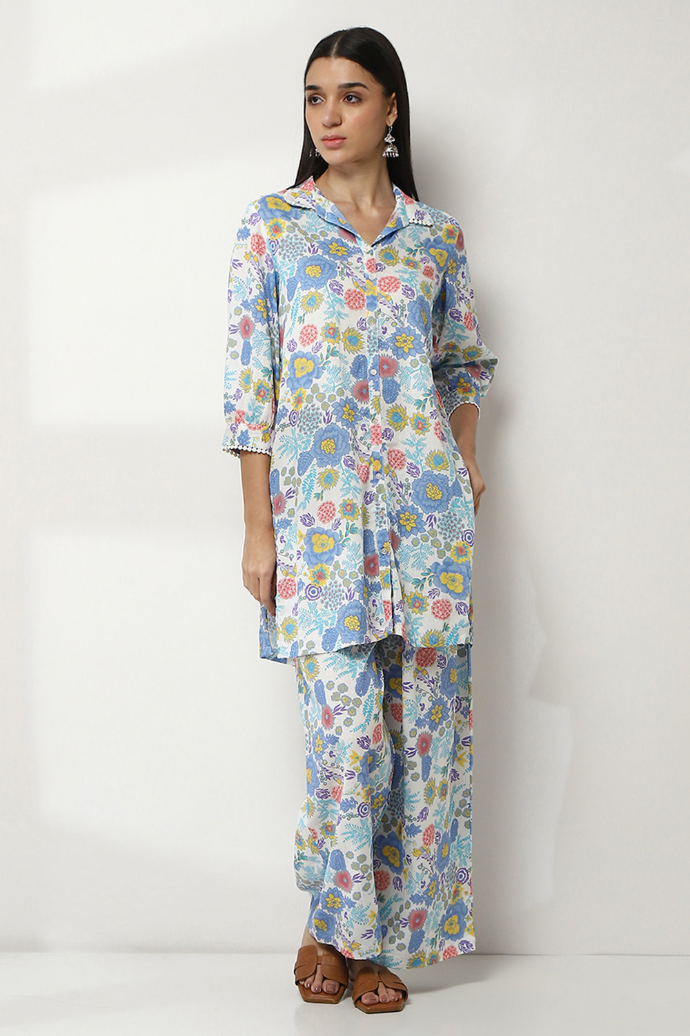 Aqua Floral Printed Straight Co-ord Set image number 6