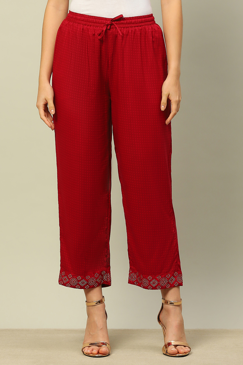 Red Rayon Slub Straight Palazzos image number 4