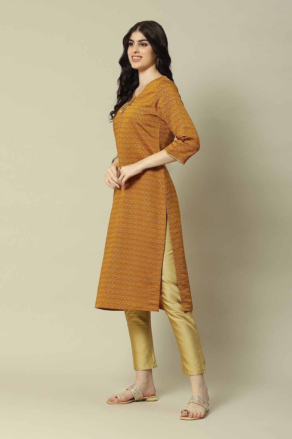 Mustard LIVA Straight Printed Kurta image number 2