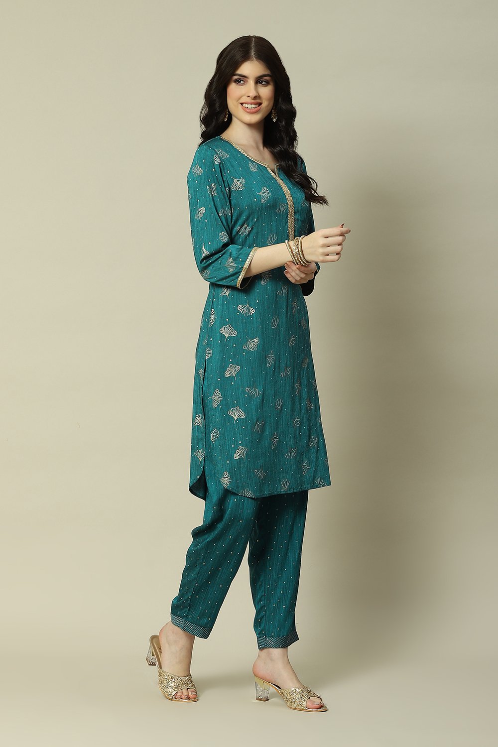 Green Poly Viscose Straight Printed Kurta Palazzo Suit Set image number 5