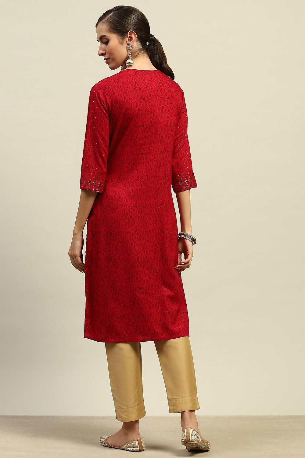 Red Rayon Slub Printed Straight Kurta image number 3