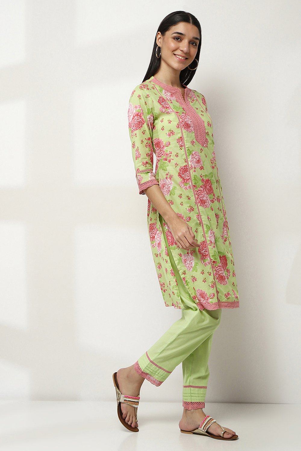 Green Cotton Printed Straight Kurta Set image number 5