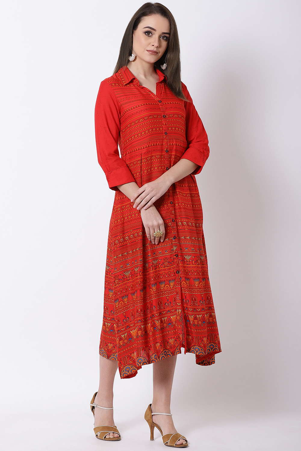Red Viscose Rayon A Line Dress image number 3