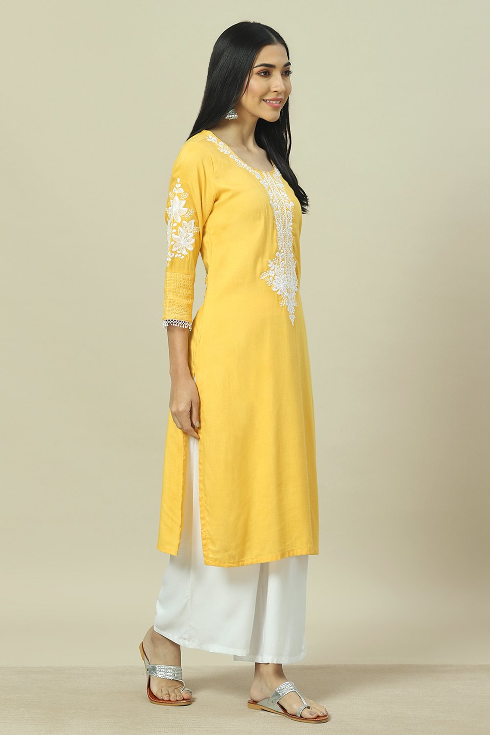 Yellow LIVA Straight Kurta image number 3