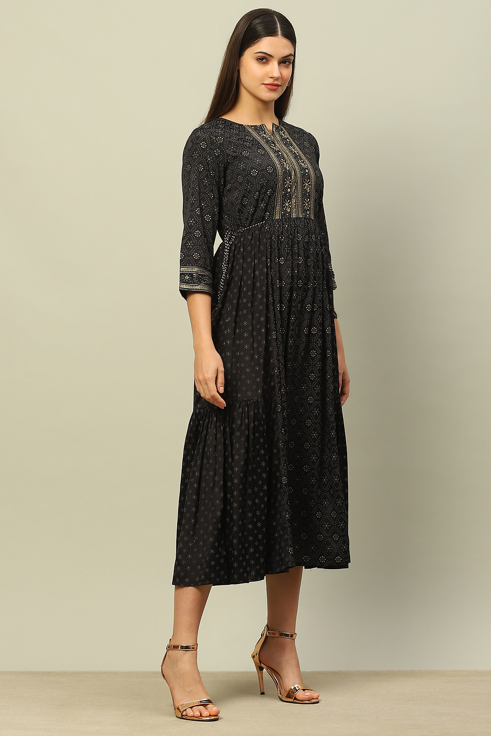 Black Viscose Shantoon Printed Tiered Dress image number 4