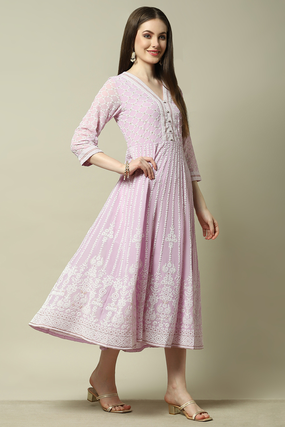 Lavender Poly Georgette Embroidered Flared Dress image number 4