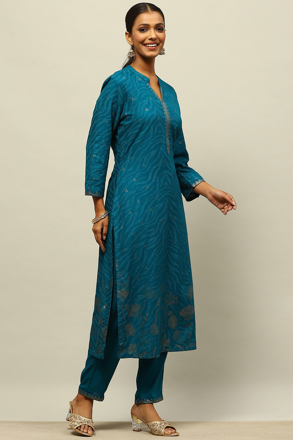 Teal Blue Rayon Straight Printed Kurta Salwar Pants Suit Set image number 5