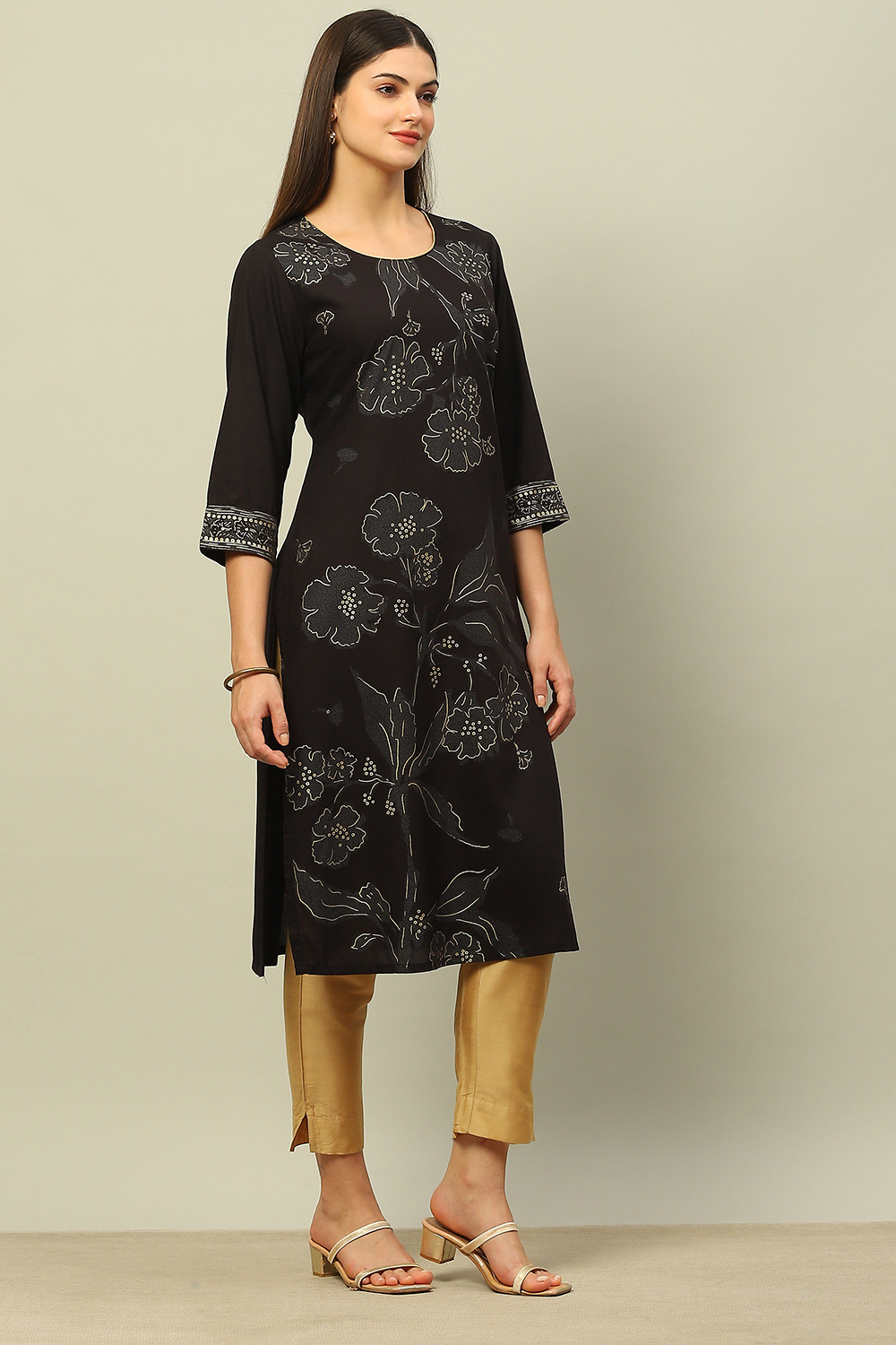 Black Rayon Printed Straight Kurta image number 4