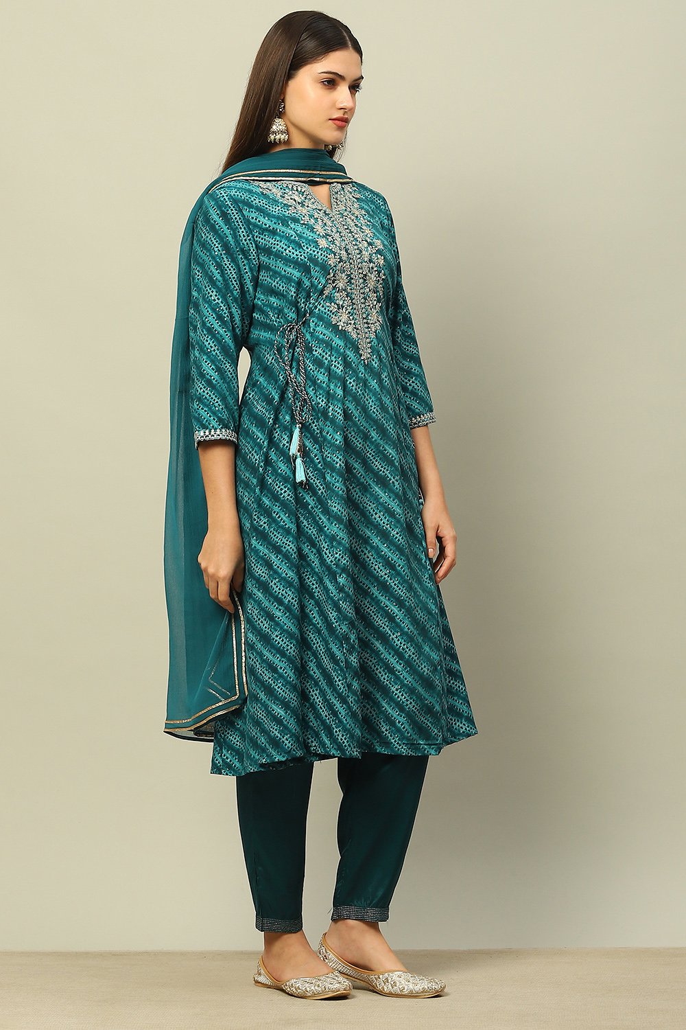 Teal Blue Viscose Muslin A-Line Printed Kurta Salwar Pants Suit Set image number 5