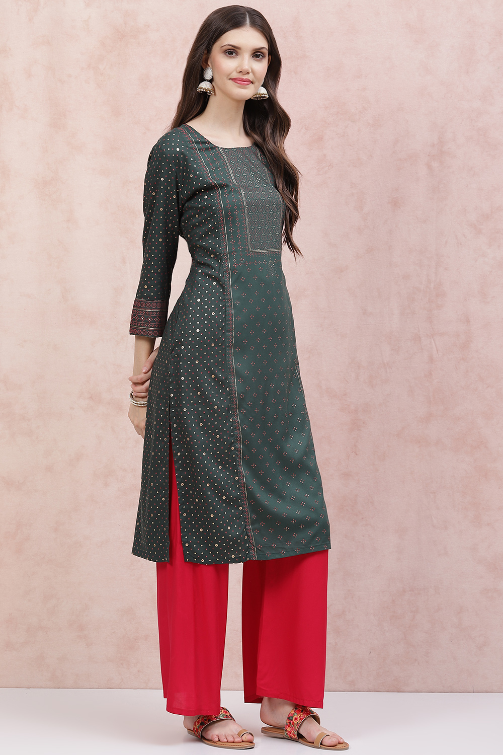 Red LIVA Straight Kurta image number 3