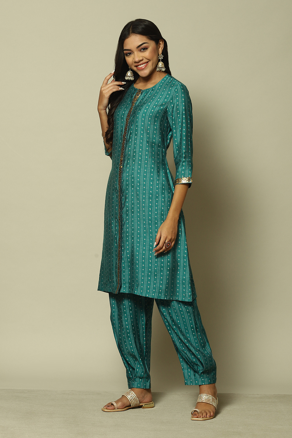 Green LIVA LIVA Straight Printed Kurta Palazzo Suit Set image number 3