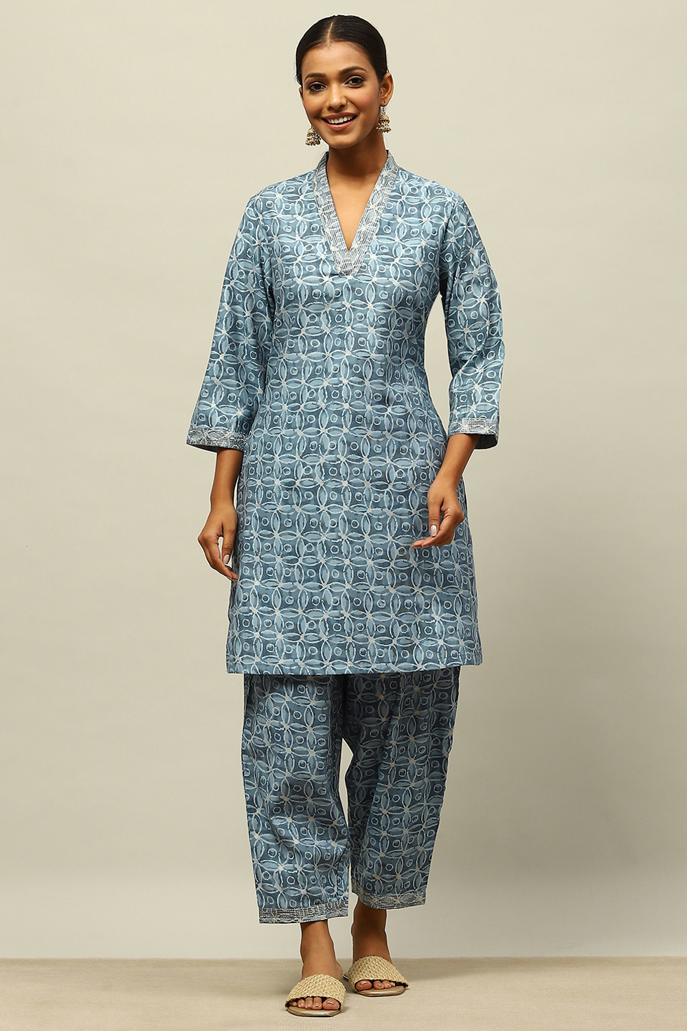 Blue Viscose Blend Straight Printed Co-ord Set image number 0