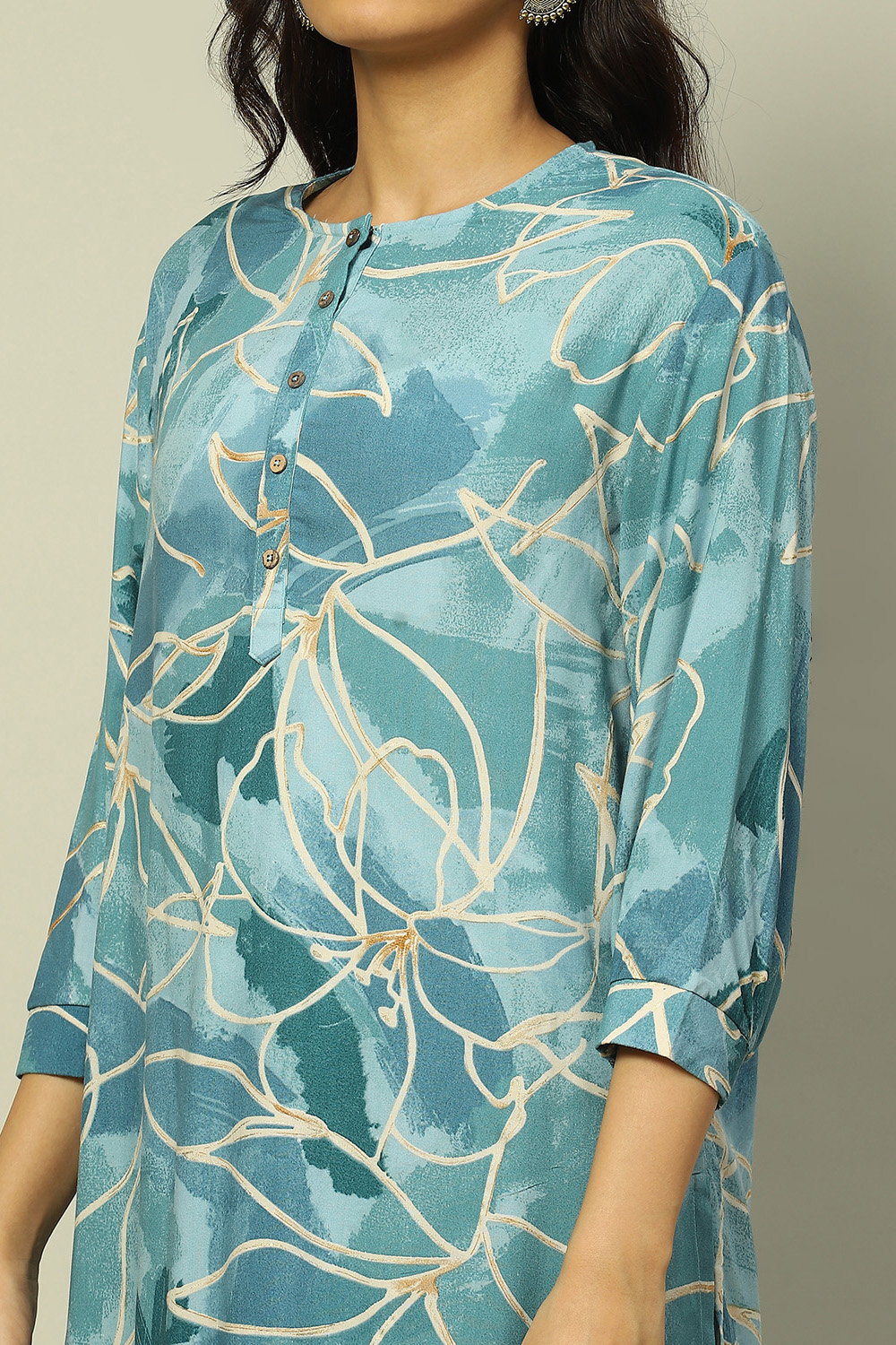 Aqua Blue Rayon Straight Printed Kurta Palazzo Suit Set image number 1