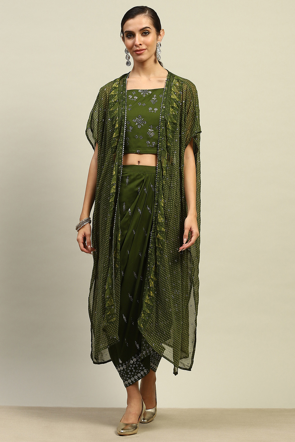 Green Rayon Straight Printed Crop Top Skirt Lehenga image number 6