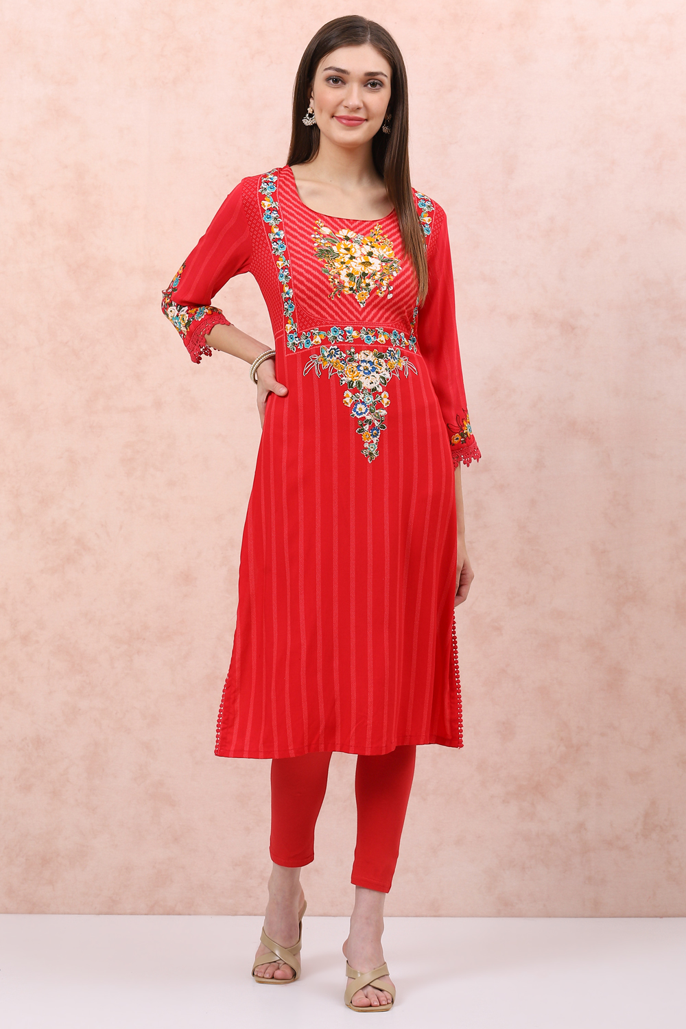 Red LIVA Straight Kurta image number 0