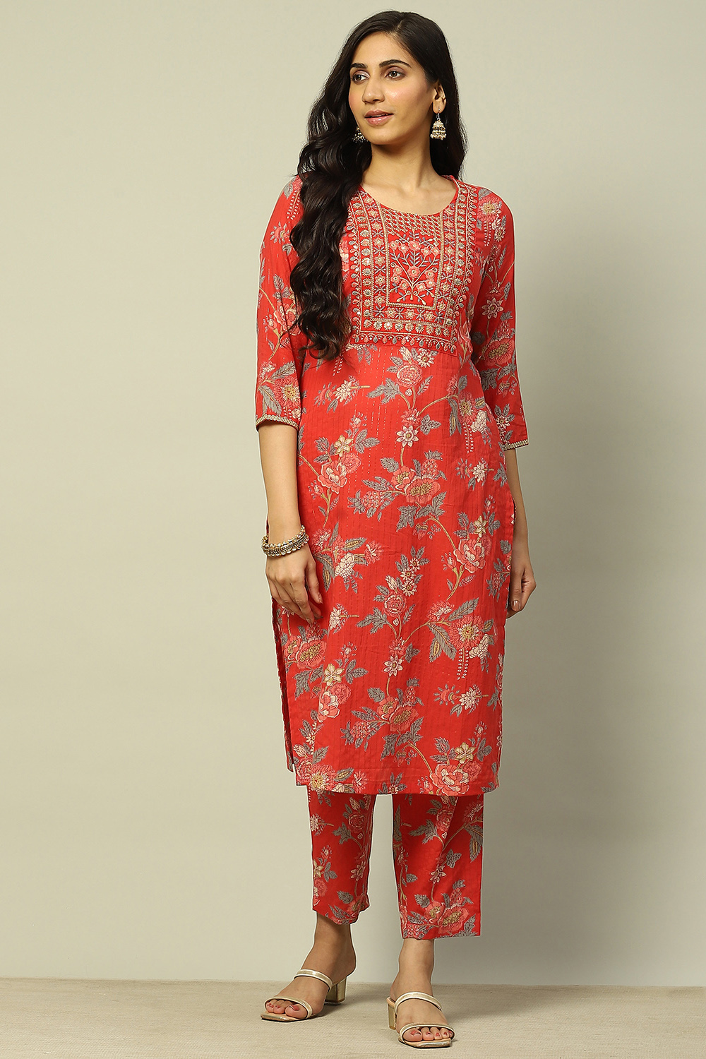 Green Cotton Lurex Floral Printed Straight Suit Set image number 6