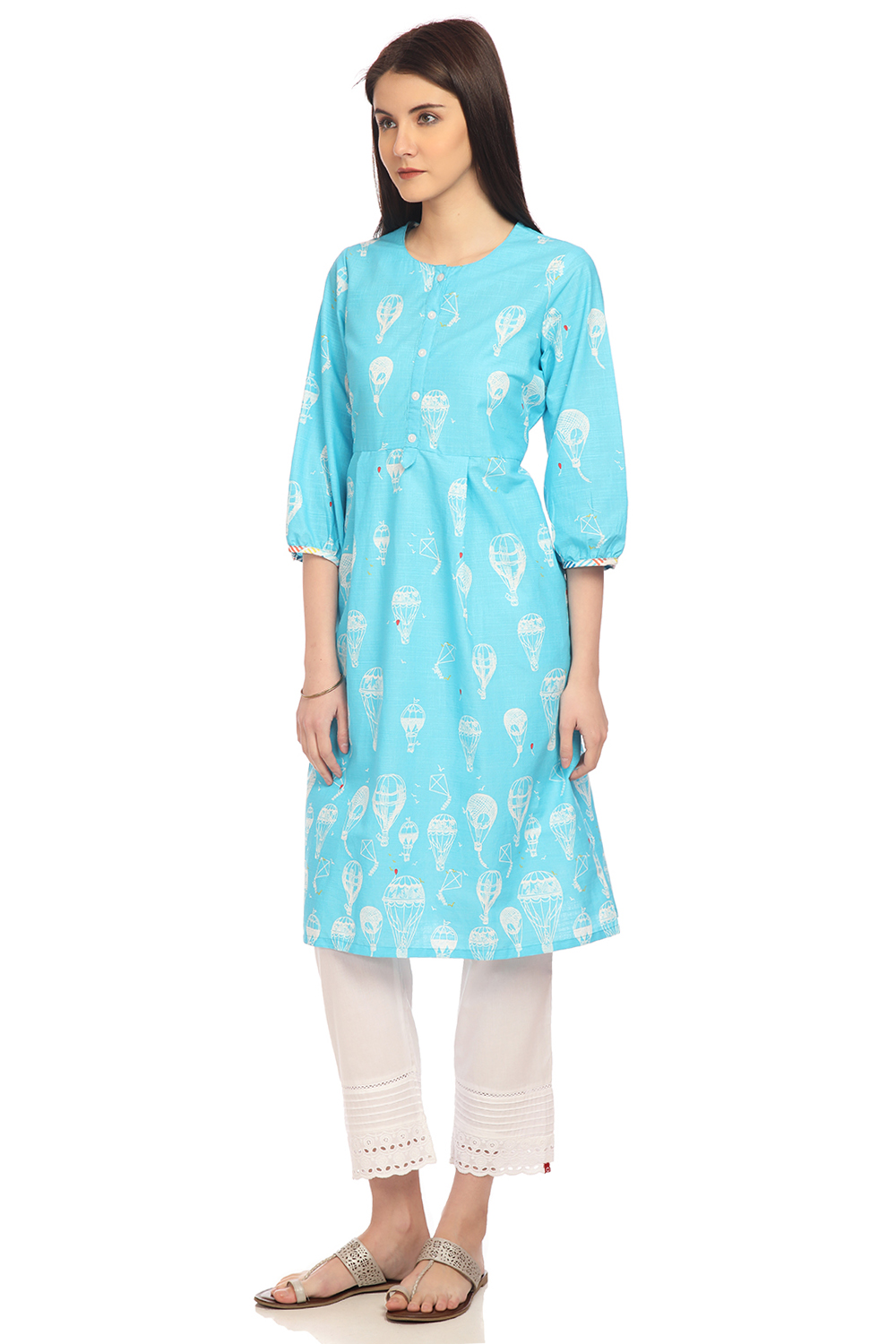 Blue Flared Cotton Kurta image number 3