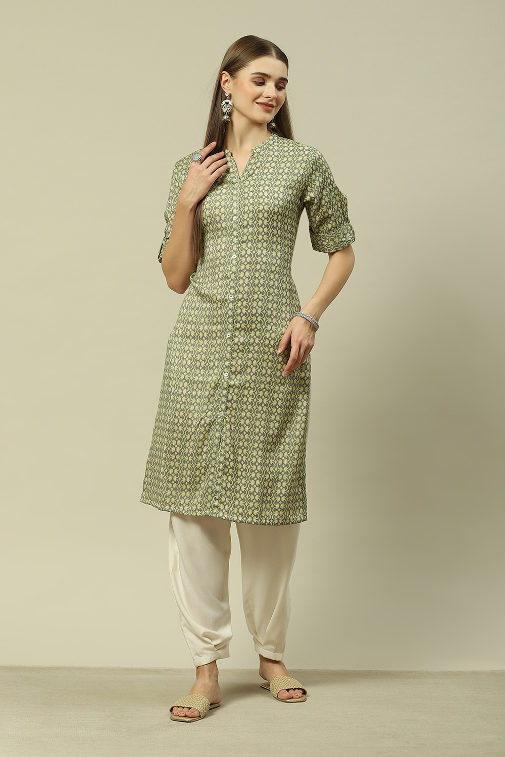 Green LIVA Blend Straight Printed Kurta image number 5