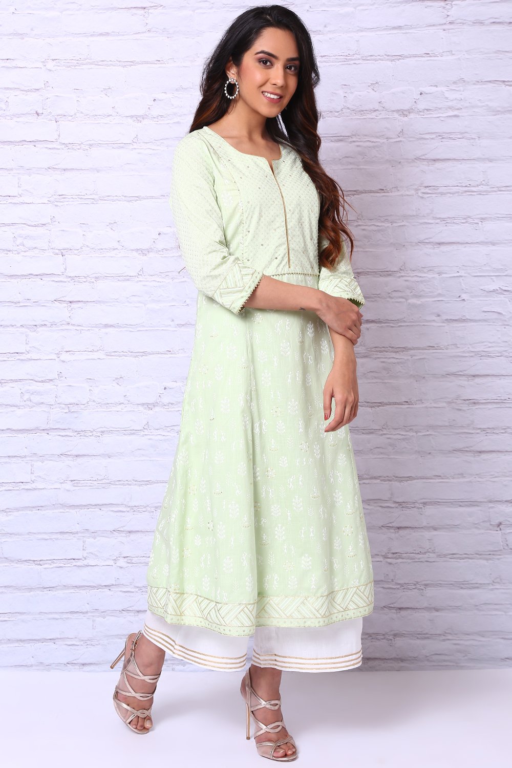 Mint Green Cotton Slub A Line Kurta image number 2