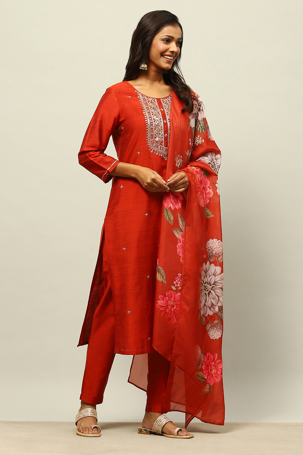 Rust-Red Viscose Blend Straight Solid Kurta Palazzo Suit Set image number 5