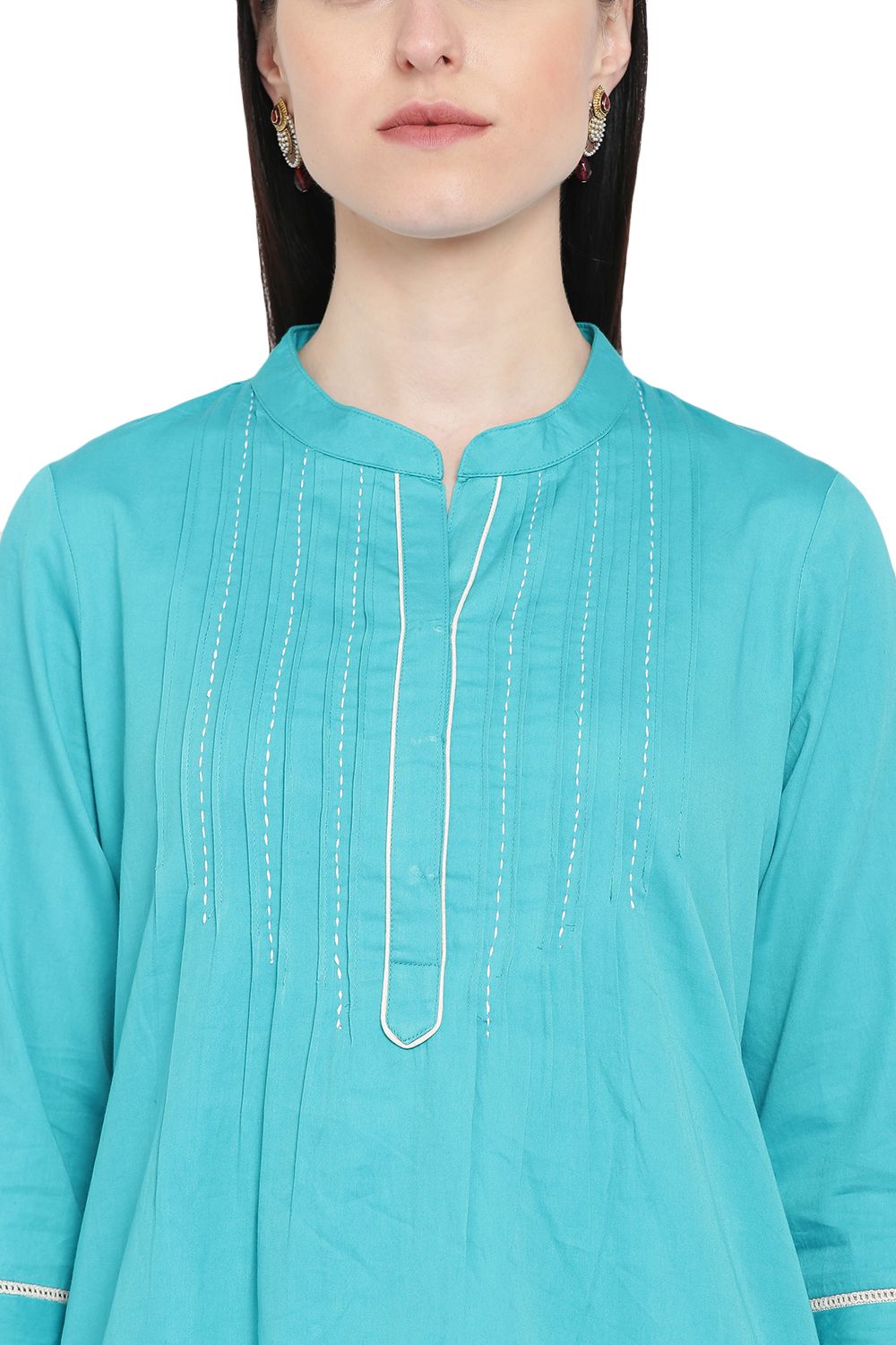 Turquoise Cotton Straight Kurta image number 1