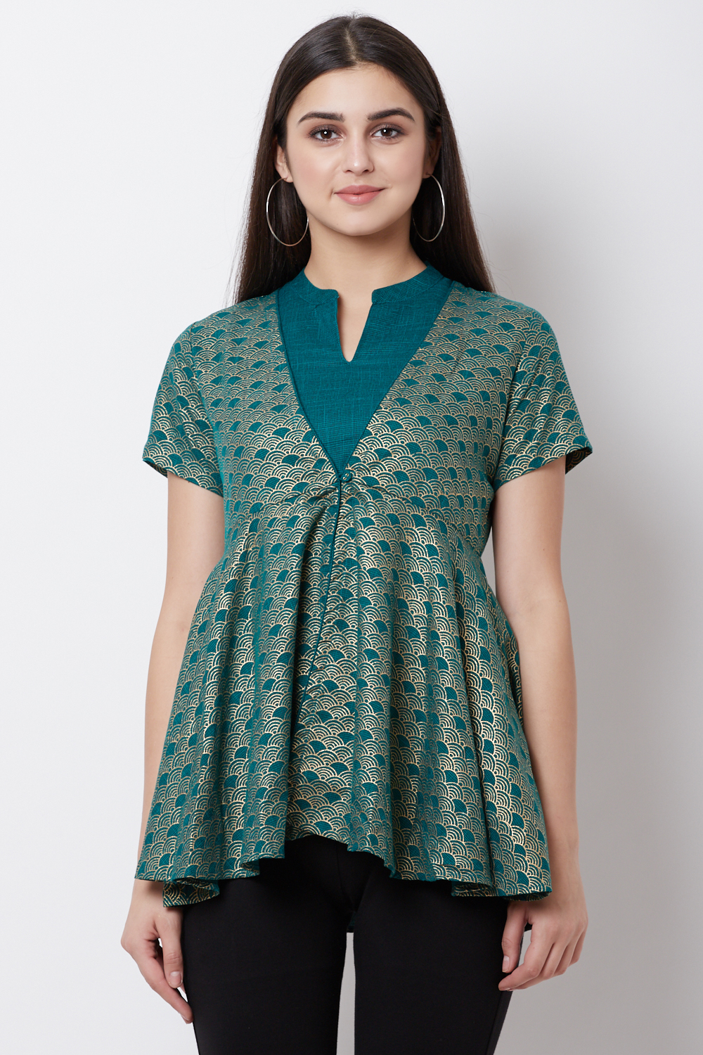 Green Poly Cotton Flared Top image number 0