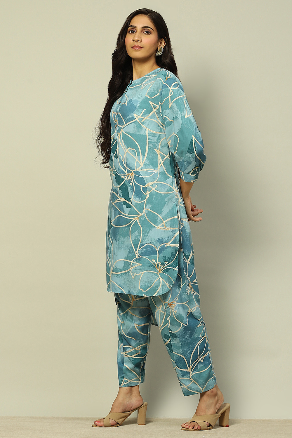 Aqua Blue Rayon Straight Printed Kurta Palazzo Suit Set image number 3