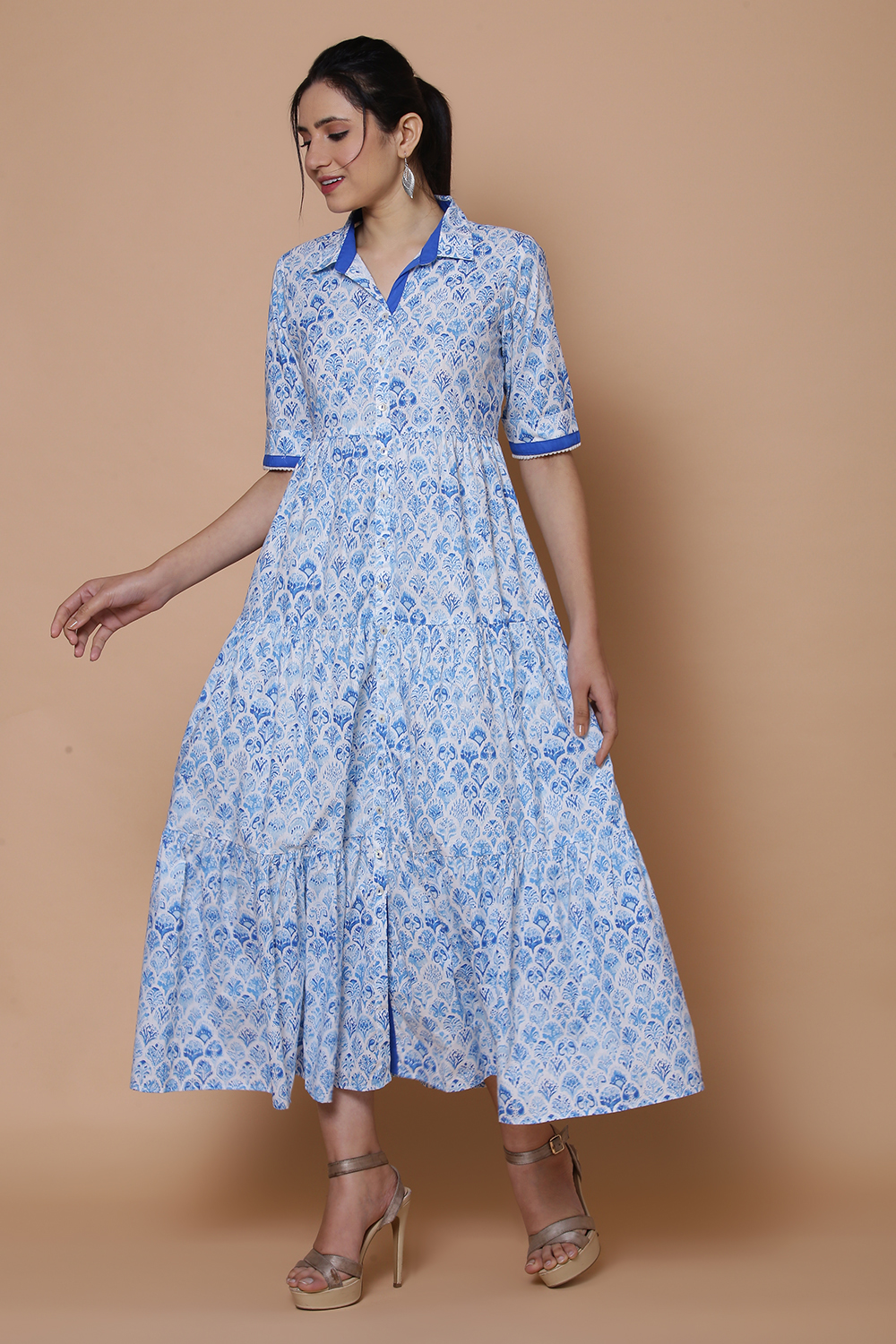 Blue Cotton Slub Tired Dress image number 5