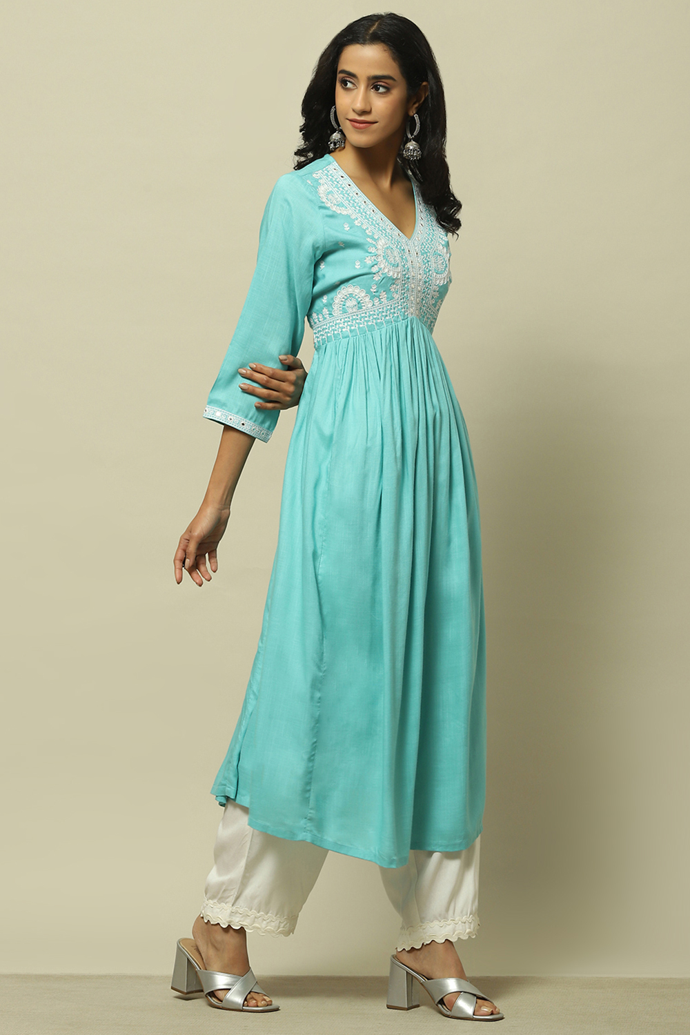 Cyan Blue Rayon Slub Tiered Dress image number 5