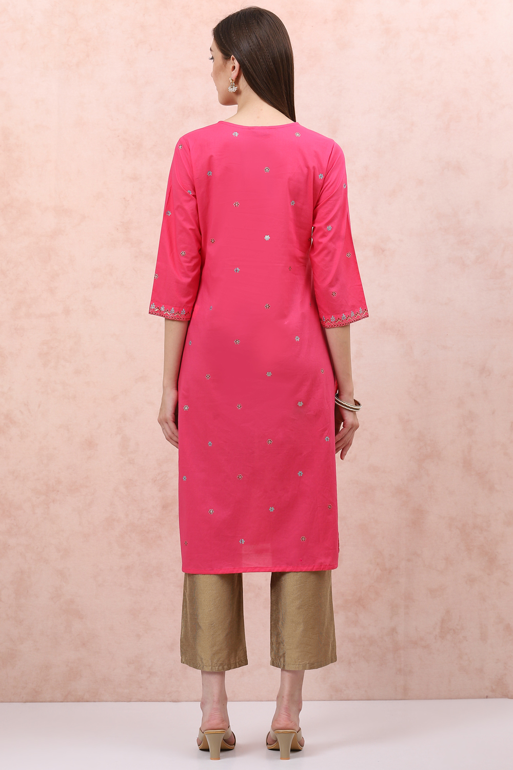 Pink Cotton Straight Kurta image number 4