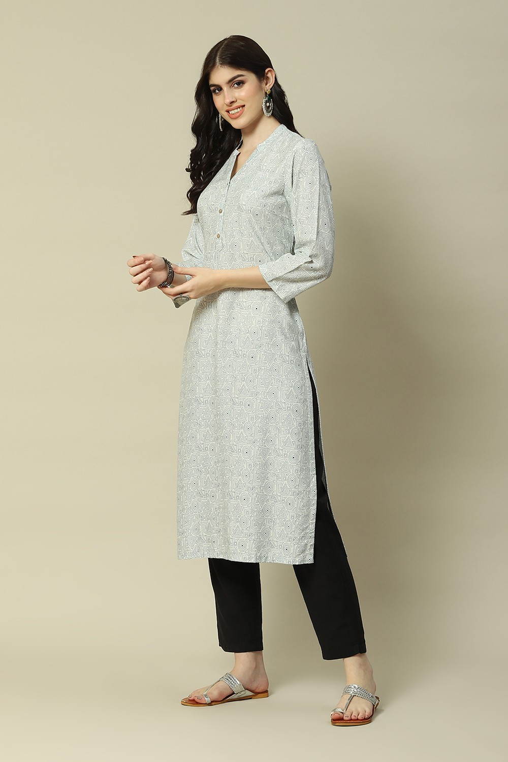 Sky Blue LIVA Straight Printed Kurta image number 2