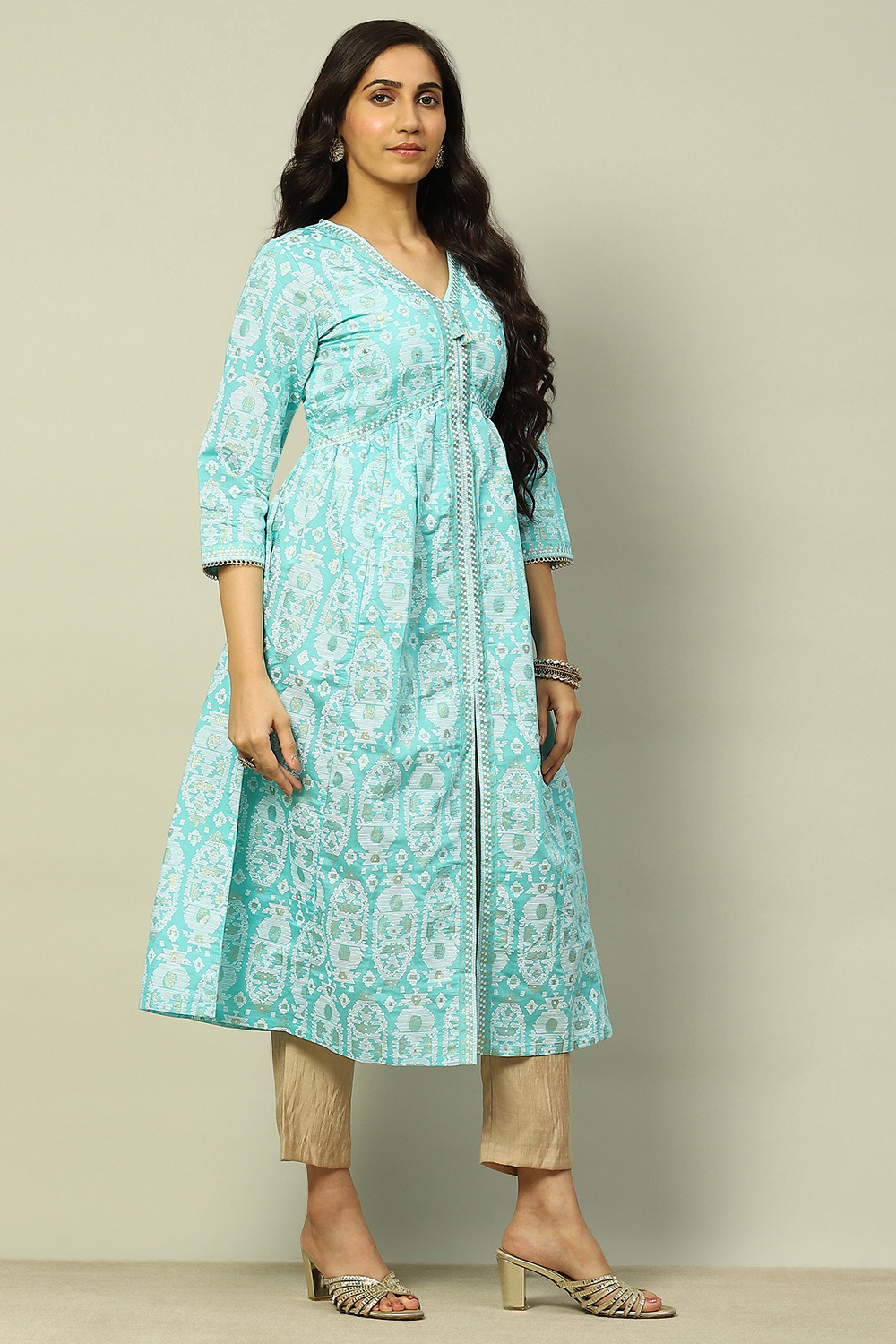 Aqua Blue Viscose Printed Gathered A-Line Kurta image number 4