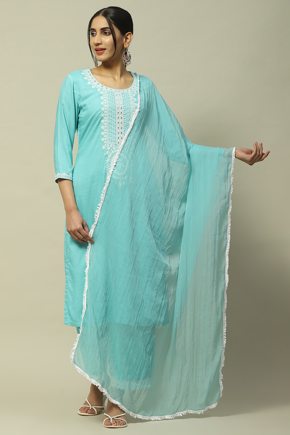 Lime Green Embroidered Straight Kurta image number 6