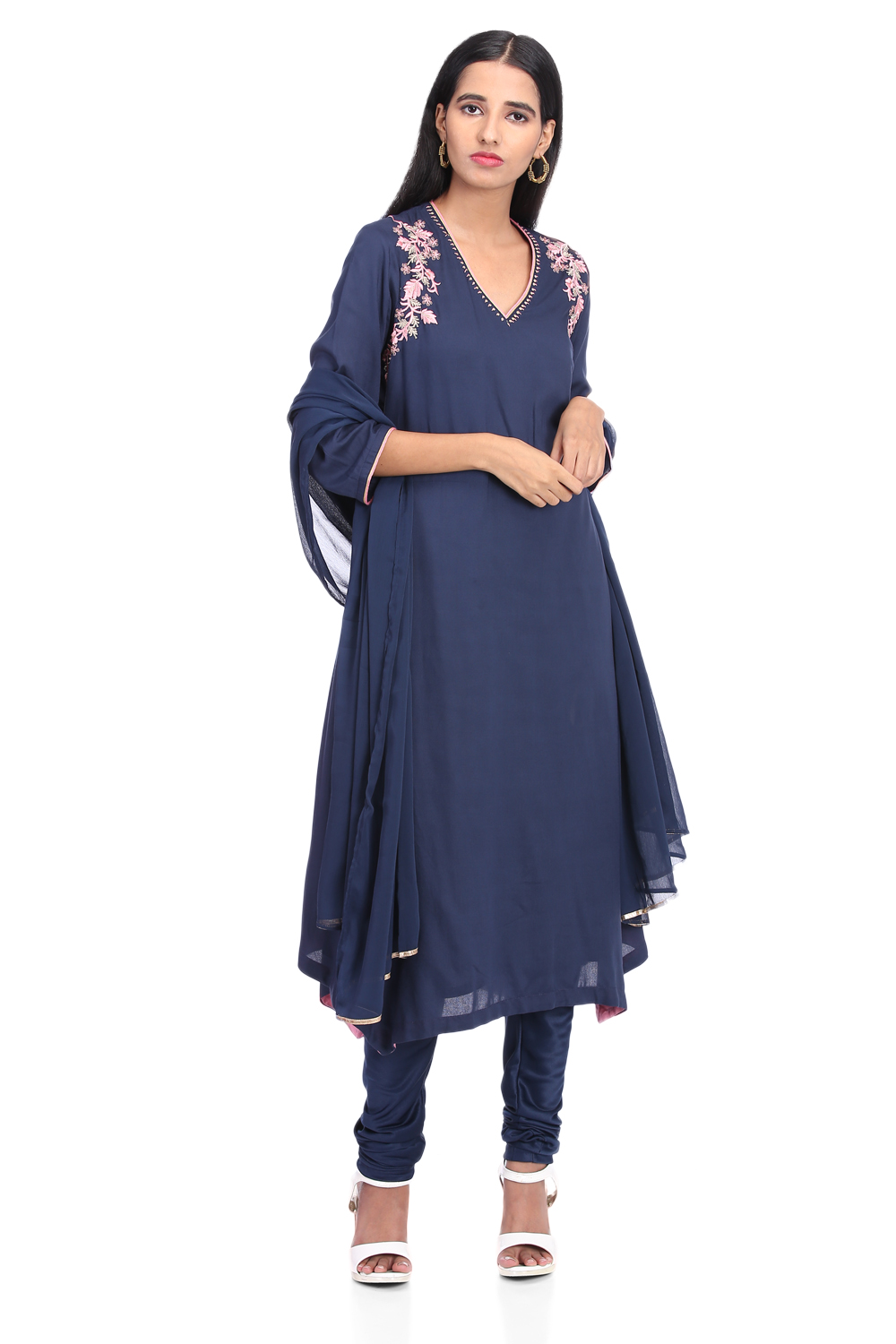 Navy Blue Flared Rayon Suit Set image number 2