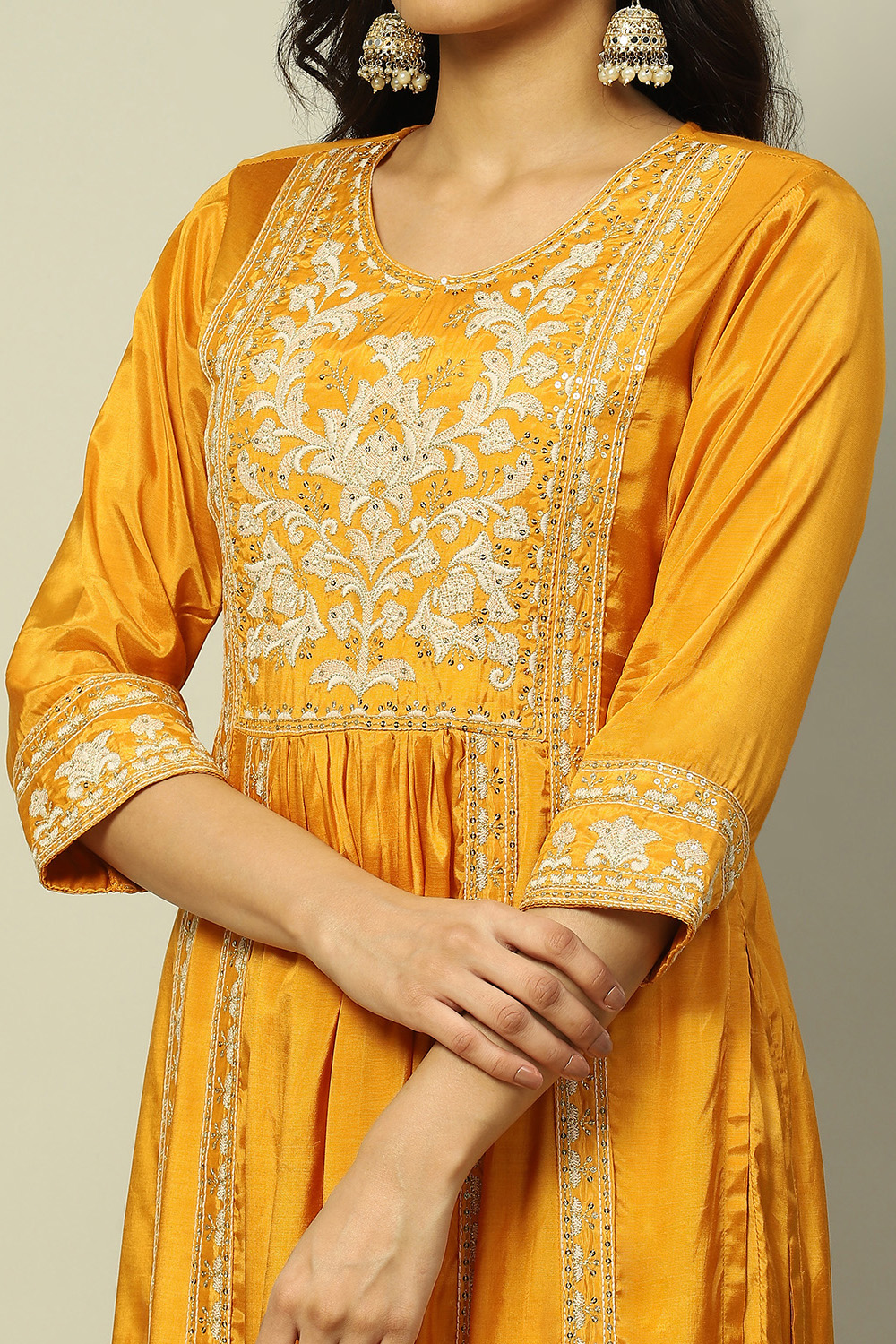 Mustard Yellow Viscose Shantoon Pleated Festive Kurta Set image number 1