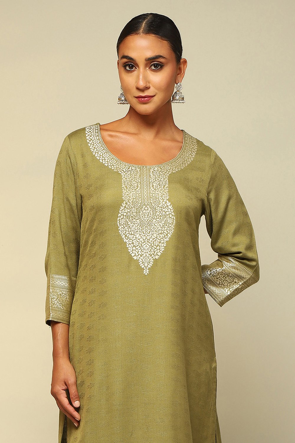 Green Acrylic Straight Yarn Dyed Kurta Palazzo Suit Set image number 1