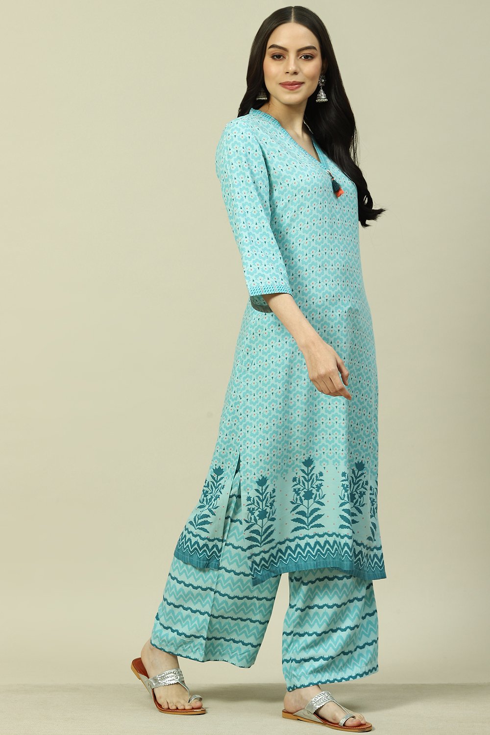 Blue LIVA Straight Kurta Palazzo Suit Set image number 6