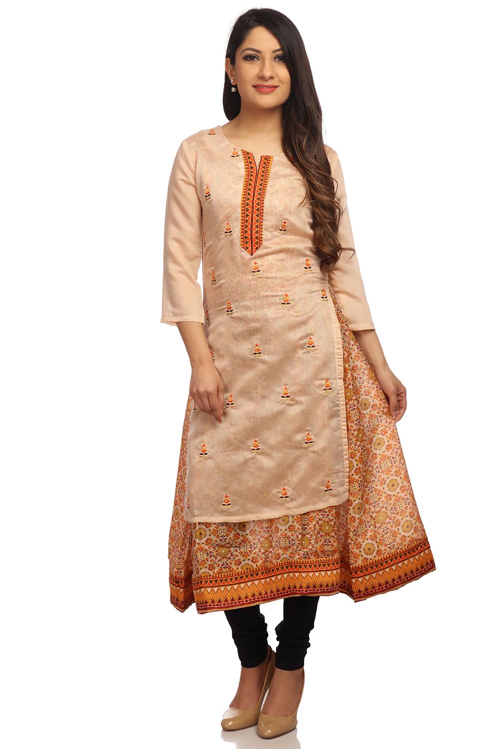 Beige Flared Poly Chanderi Kurta image number 0