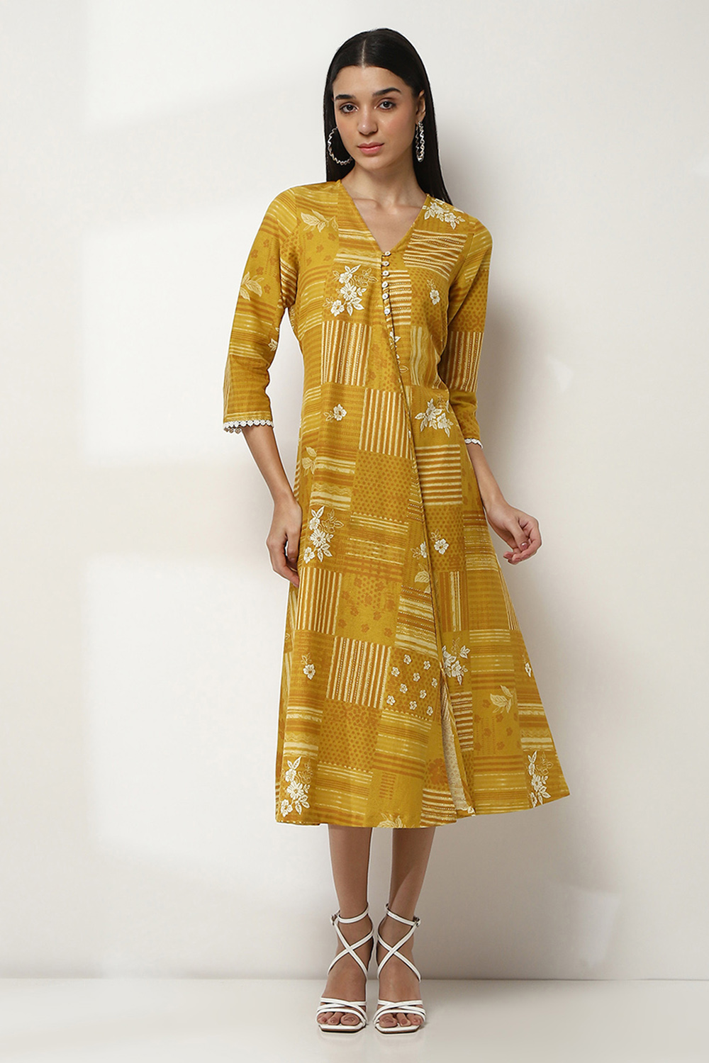 Yellow Cotton Flared Dress image number 5